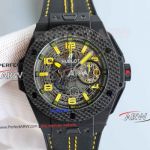 Swiss Replica Hublot Big Bang Unico Ferrari Carbon Fiber Yellow Arabic All Black Case Watch 